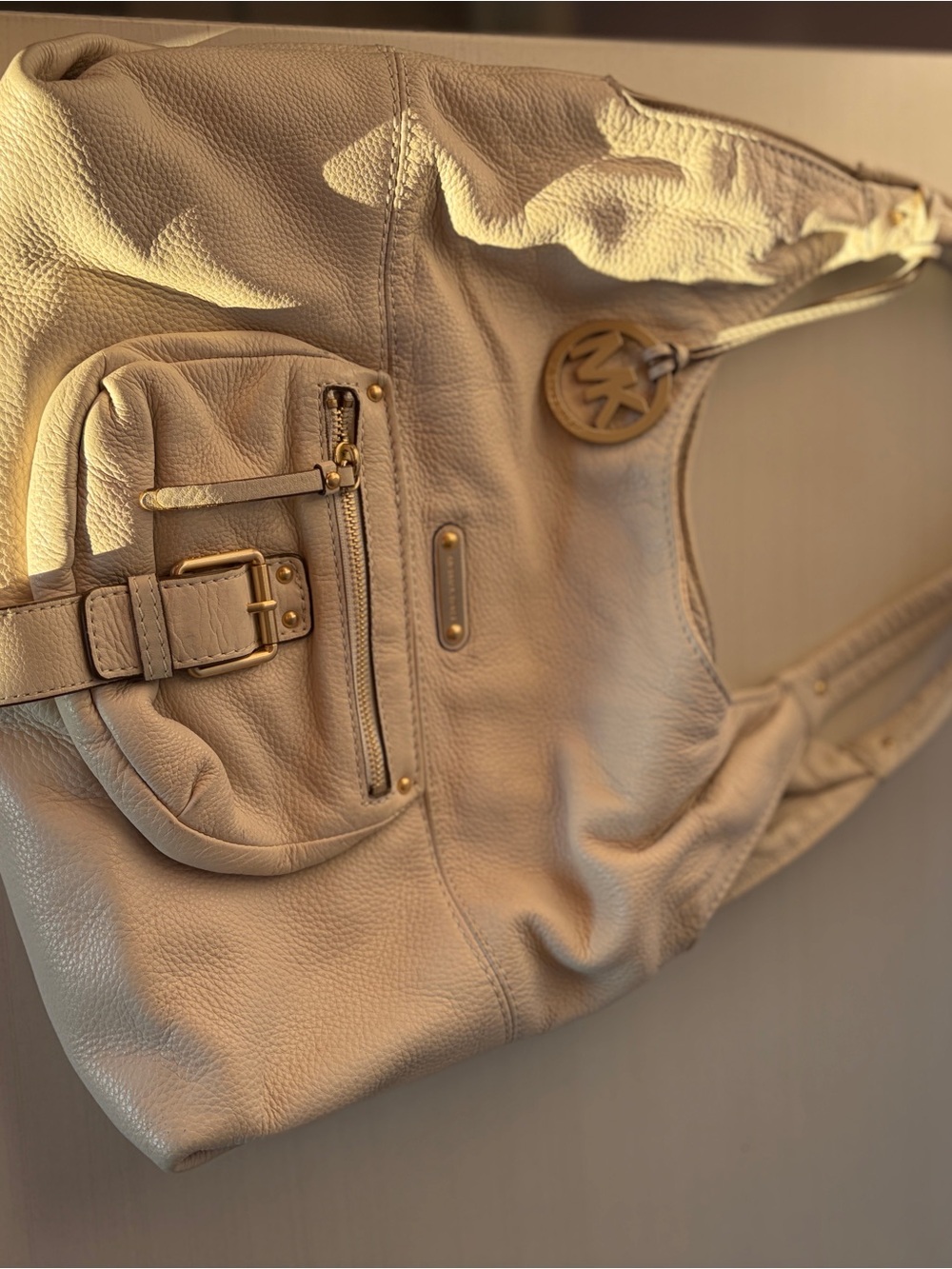 Michael Kors Cream Pebbled Leather Shoulder Bag with Gold Hardware
